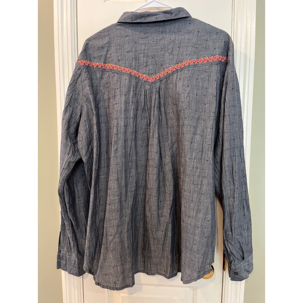 Sundance Blue Chambray Embroidered Western Boho Clip Dot Shirt Womens XL b7 - Picture 5 of 8